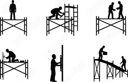 Construction workers silhouettes on scaffolding, industrial safety work, building maintenance tasks, teamwork, labor activity, isolated black icons set