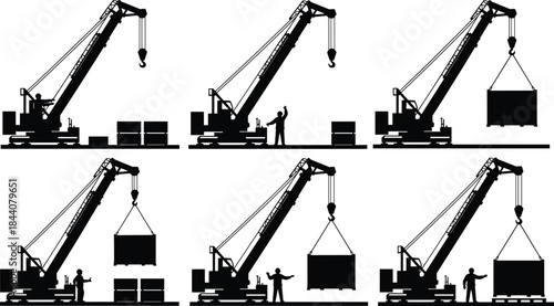 Crane operation silhouette set, construction site scenes, lifting containers, safety signaling, industrial equipment, black vector art, infrastructure icons