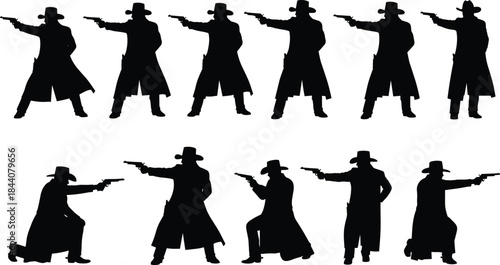 Cowboy gunslinger silhouette set, western outlaw aiming revolver poses, vintage Wild West character collection isolated illustration