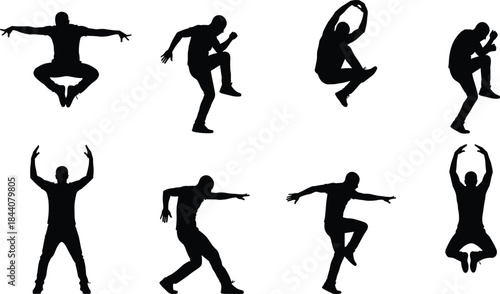 Dynamic male dancer silhouette illustration set showing jump, motion and balance poses, contemporary dance movement, black and white vector art