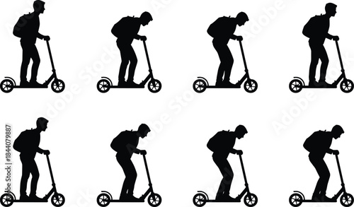 Electric scooter rider silhouettes with backpack, urban mobility concept, eco transport commuting people, modern city travel illustration set