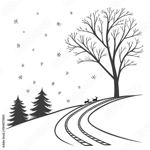 Christmas sleigh tracks in snow silhouette minima