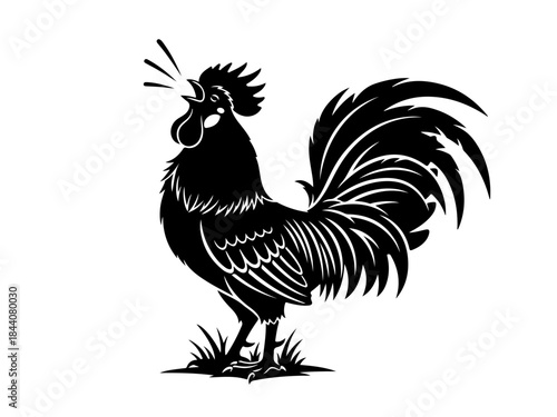 A striking black silhouette of a rooster crowing loudly with its beak open and crest raised, standing on grass.