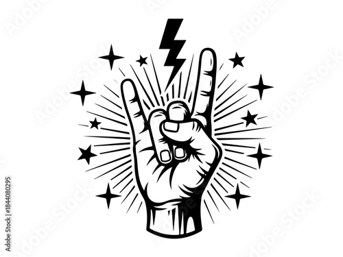 A black and white illustration of a hand making the rock on gesture with a lightning bolt and stars.