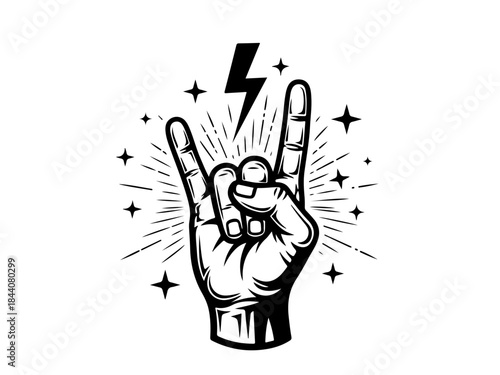 Black and white graphic illustration of a hand making the rock and roll gesture with a lightning bolt and stars.