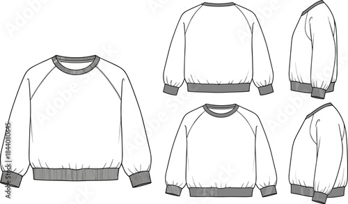 Classic raglan sleeve sweatshirt technical fashion drawing, front, back, and side views, ribbed collar, cuffs, and hem, apparel design vector template mockup