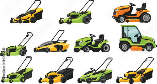 Collection of Modern and Powerful Lawn Mowers and Garden Tractors for Professional Landscape Maintenance, Yard Work, and Agricultural Equipment Needs, Isolated Vector Illustration Set