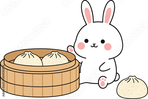 Cute cartoon bunny sitting beside wooden steamer basket filled with dumplings in adorable kawaii food illustration perfect for children’s artwork and design projects