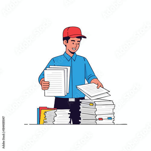 A smiling man in a blue shirt and a red cap sorts through a stack of papers
