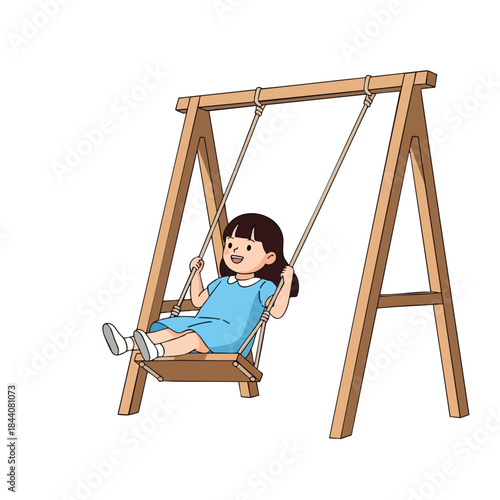 A girl in a blue dress happily swings on a wooden swing set
