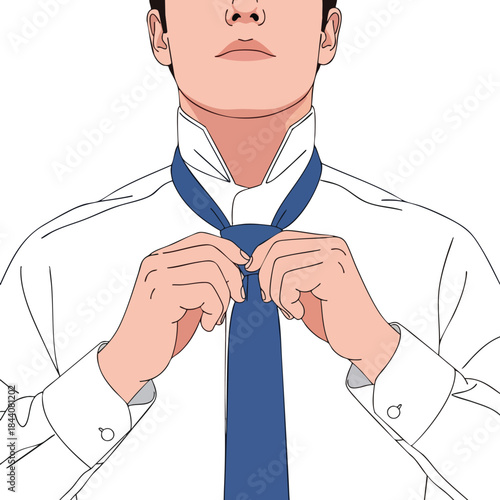 A person in a white dress shirt is tying a blue necktie