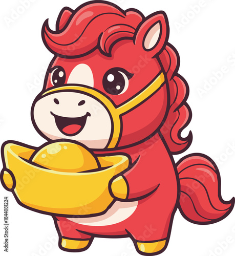 Cute cartoon pony holding a gold ingot