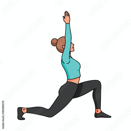Cartoon woman in a yoga pose, reaching up, forward lunge