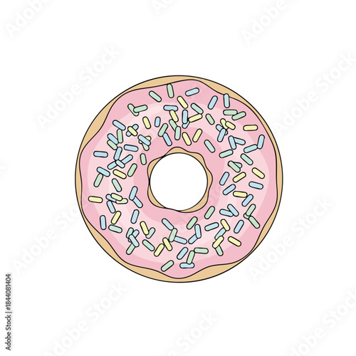 A pink frosted donut with sprinkles and a hole in the middle, top-down view