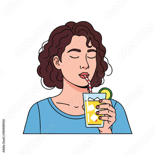 A woman sips from a glass of a refreshing drink with ice