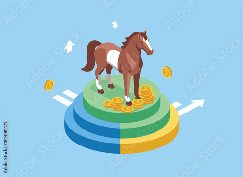 Horse Standing on Pie Chart with Coins and Growth Arrows