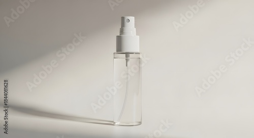 Minimalist clear spray bottle for liquid skincare or sanitizing solutions with elegant shadow