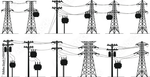 Electrical infrastructure silhouette, transmission towers, utility poles, transformer boxes, power distribution system, black vector art, energy grid, overhead lines