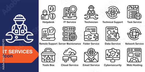 IT Services line editable icon set. Containing service, information, network, computer, support and more. Editable stroke. Vector illustration