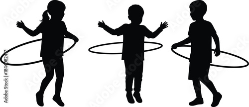 Silhouette of three children playing with hula hoops, happy kids enjoying fun outdoor activity, fitness exercise and playful motion vector illustration.