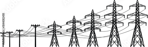 Electrical grid silhouette, utility poles, transmission towers, power line network, infrastructure transition, black vector art, energy distribution, overhead system