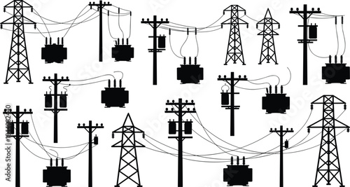 Electrical power system silhouette, utility poles, transmission towers, transformer boxes, infrastructure network, black vector art, energy distribution, overhead lines