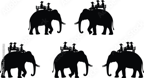 Elephant ride silhouette set, cultural tourism, conical hat figures, traditional transport, Southeast Asia icon, black vector art, group travel