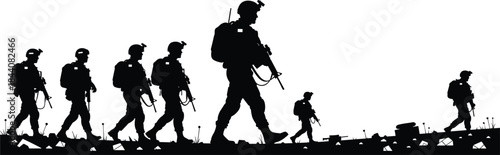 Silhouette vector illustration of a military squad or infantry soldiers walking in formation with full gear, representing army, combat, service, and veteran concepts on a white background