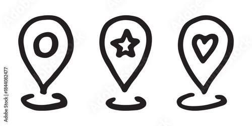 Set of hand drawn map pin Map marker pointer sign GPS and mapping tools Location pin symbol Pinpoint clipart in doodle style Single element for web, design