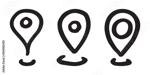 Set of hand drawn map pin Map marker pointer sign GPS and mapping tools Location pin symbol Pinpoint clipart in doodle style Single element for web, design