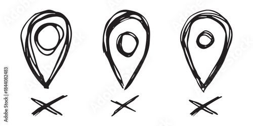 Set of hand drawn map pin Map marker pointer sign GPS and mapping tools Location pin symbol Pinpoint clipart in doodle style Single element for web, design