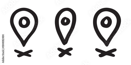Set of hand drawn map pin Map marker pointer sign GPS and mapping tools Location pin symbol Pinpoint clipart in doodle style Single element for web, design