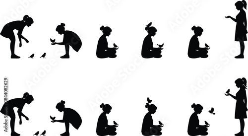 Girl and bird bonding silhouette set, trust progression, nature interaction, gentle poses, black vector art, wildlife care, emotional icons