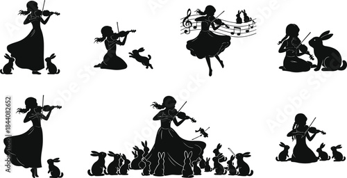 Girl playing violin surrounded by rabbits silhouette illustration set, musical storytelling scene, fantasy mood, black and white vector art