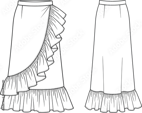 Technical flat outline drawing of a women's maxi length wrap skirt with ruffle detail, featuring front and back views, cad drawing flat vector illustration.
