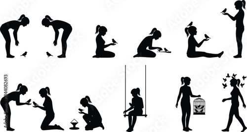 Girl and bird silhouette set, nature interaction, nurturing poses, birdcage scene, black vector art, freedom theme, wildlife illustration