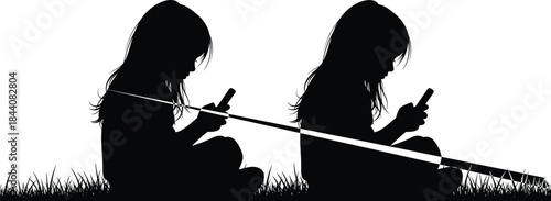 Two young girls sitting in grass and looking intently at a mobile phone or smartphone, symbolizing childhood technology, addiction, digital media, and social communication, vector silhouette.