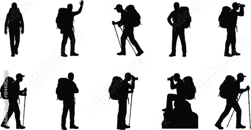 Hiker and photographer silhouettes with backpacks, trekking poles, outdoor adventure, travel exploration, hiking tourism concept isolated on white background