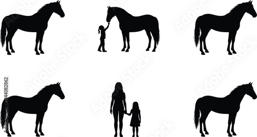 Horse and human silhouette illustration set showing bond, care, companionship, rural life themes, black and white minimalist vector design