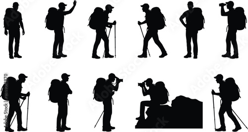 Hiking and photography silhouette set with backpackers, trekking poles, outdoor adventure, travel exploration, mountain tourism isolated on white background
