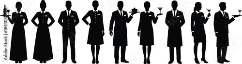 Hotel and restaurant staff silhouettes serving drinks, professional waiters and waitresses, hospitality uniforms, catering service, food industry concept