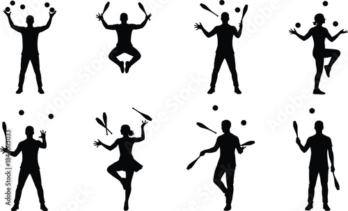 Juggling performers silhouette illustration set showing circus skills, balance and motion, male and female jugglers, black and white vector