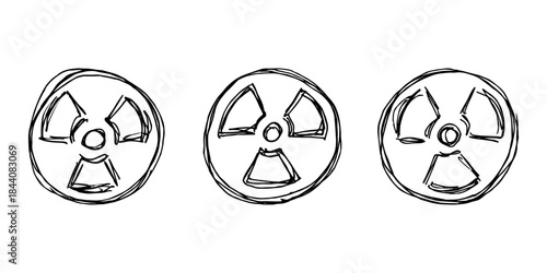 Set of hand drawn radiation sign Nuclear radiation hazard symbol Radioactive danger warning doodle Radioactive waste Single element for print, web, design, decor