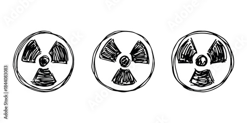 Set of hand drawn radiation sign Nuclear radiation hazard symbol Radioactive danger warning doodle Radioactive waste Single element for print, web, design, decor