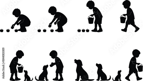 Little boy picking apples and feeding dog silhouette illustration set, childhood chores and care moments, rural life, black and white vector