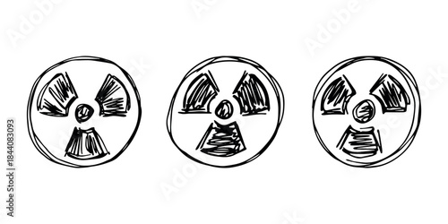 Set of hand drawn radiation sign Nuclear radiation hazard symbol Radioactive danger warning doodle Radioactive waste Single element for print, web, design, decor