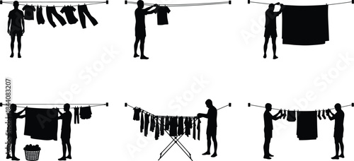 Man hanging laundry silhouettes, clothes drying on clothesline, household chores, domestic routine, washing day activity, home lifestyle illustration
