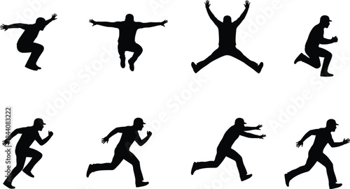Man jumping and running silhouettes, dynamic human action poses, athletic movement, energy, freedom, fitness activity, motion sequence illustration set