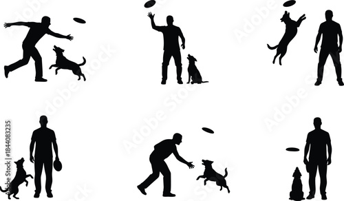 Man playing frisbee with dog silhouette illustration set, pet training and outdoor fun scenes, black and white vector design