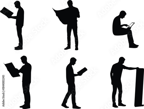 Man reading documents silhouette set, standing and sitting poses, paperwork study concept, black vector illustration isolated